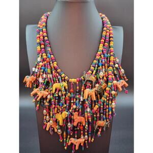 Massive Vintage Nepal Animal & Rainbow Colored Glass Bead Multistrand Necklace